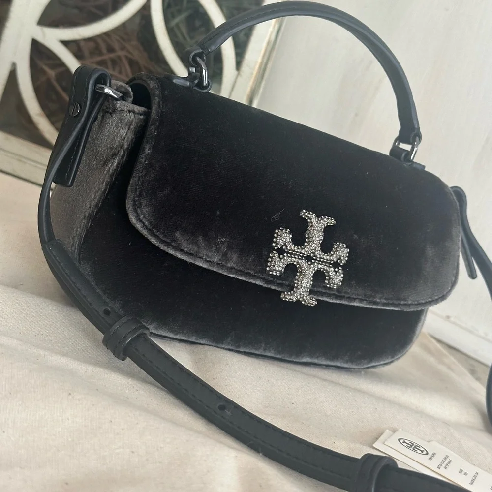 Tory Burch New Tory Burch BRITTEN VELVET JEWELED MINI TOP HANDLE  THUNDERCLOUD /